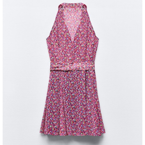 ZARA Floral Tie Waist Mini Dress Pink Multicolor Romantic - Picture 4 of 10